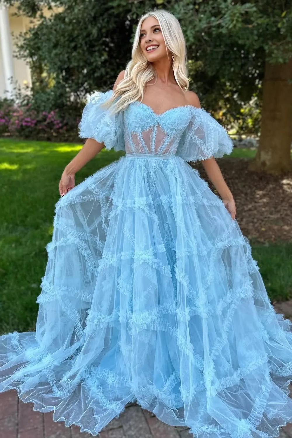 A Line Off the Shoulder Light Blue Tulle Corset Prom Dress with Bowknot