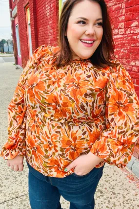 All The Joy Burnt Orange Watercolor Floral Frill Neck Top