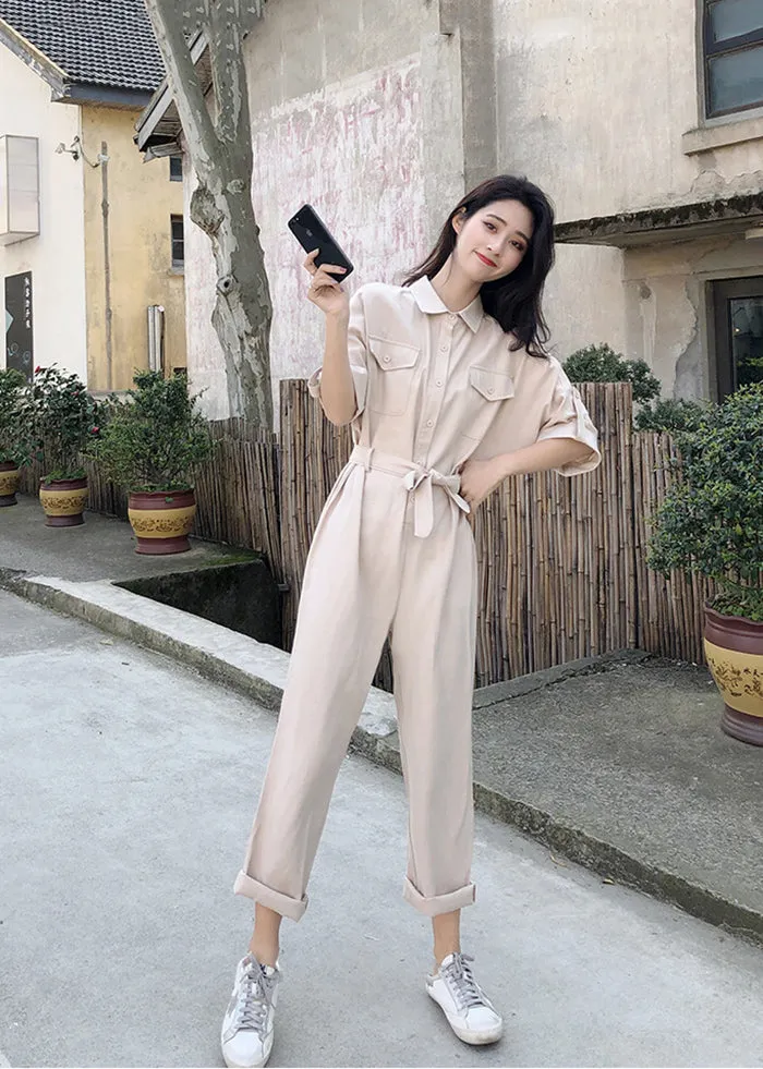 April Short Sleeve Belted Jumpsuit