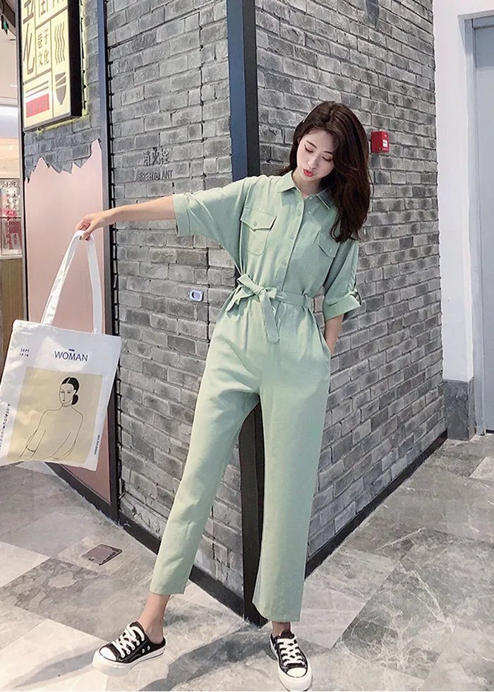 April Short Sleeve Belted Jumpsuit