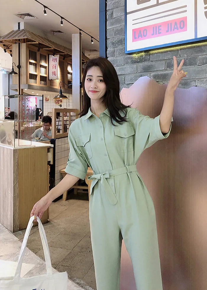 April Short Sleeve Belted Jumpsuit