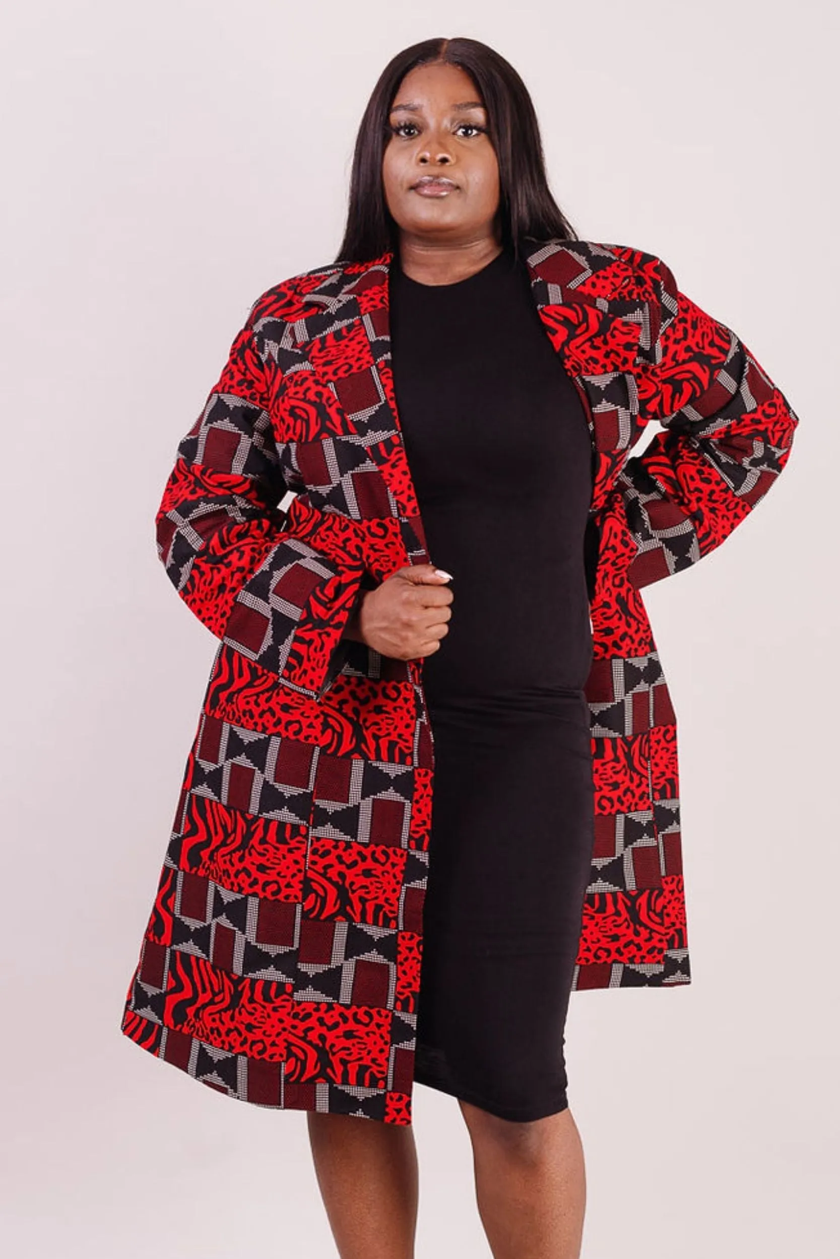 AYAJE African Print Long Blazer (Red/Black/Gray Pattern)