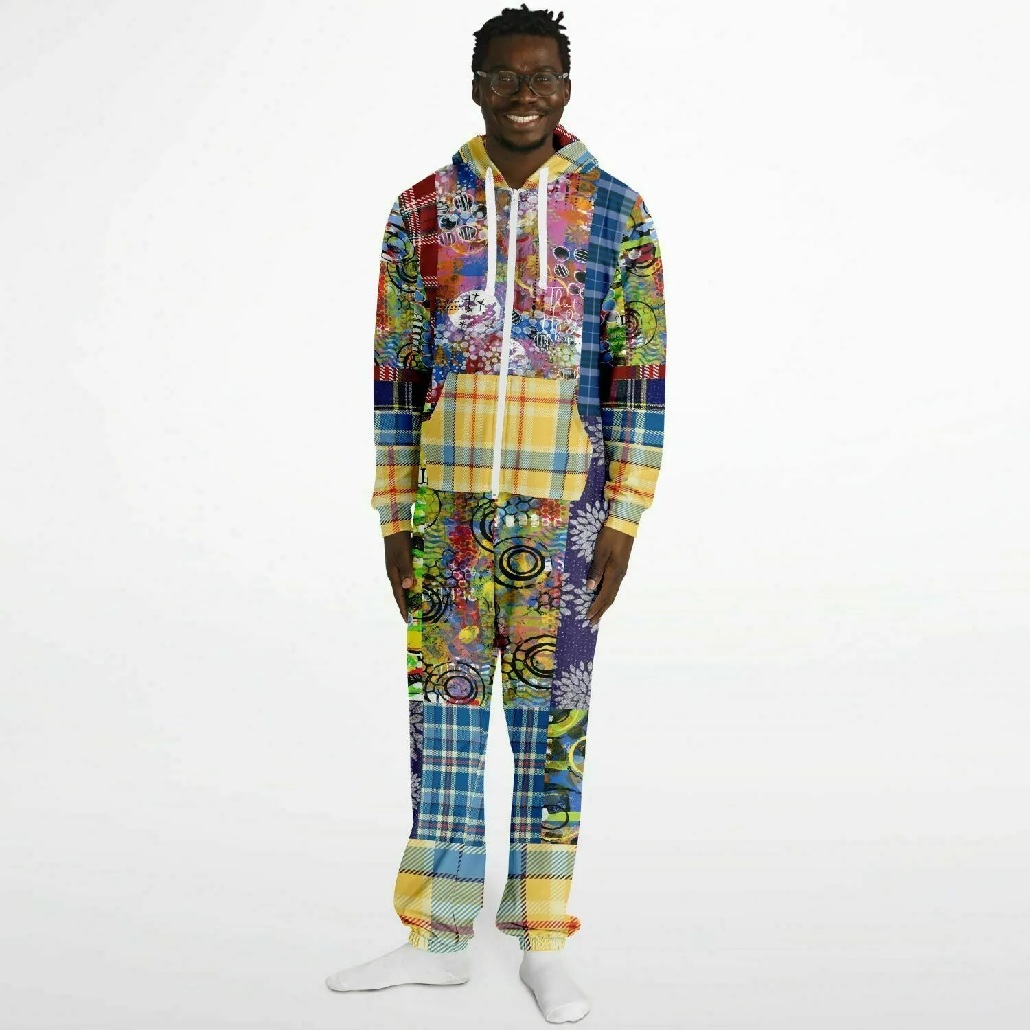 Barcelona Plaid Geometric Patchwork Fleece Unisex Romper