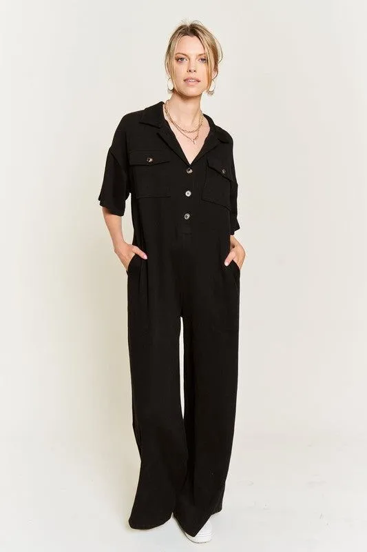 Basic Collar Shirt Wide leg Jumpsuit