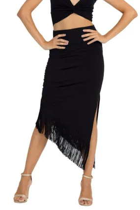 Black Asymmetric Tango Skirt With Fringe