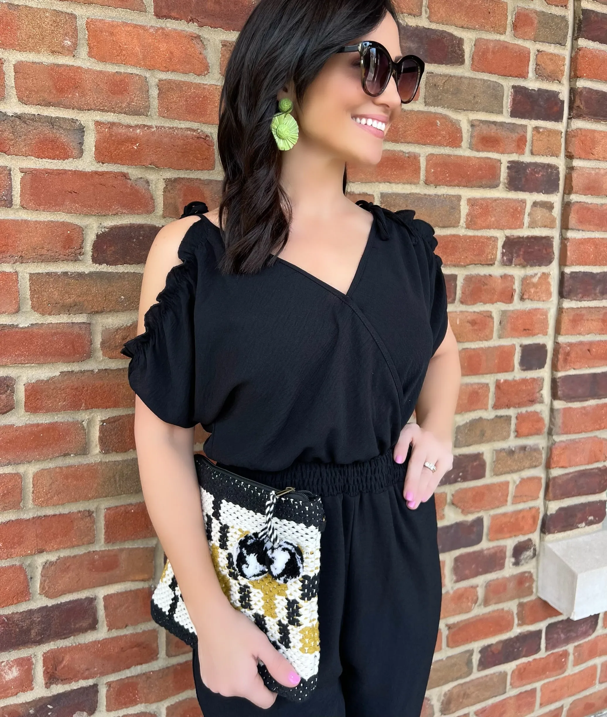 Black Cold Shoulder Wrap Detail Jumpsuit