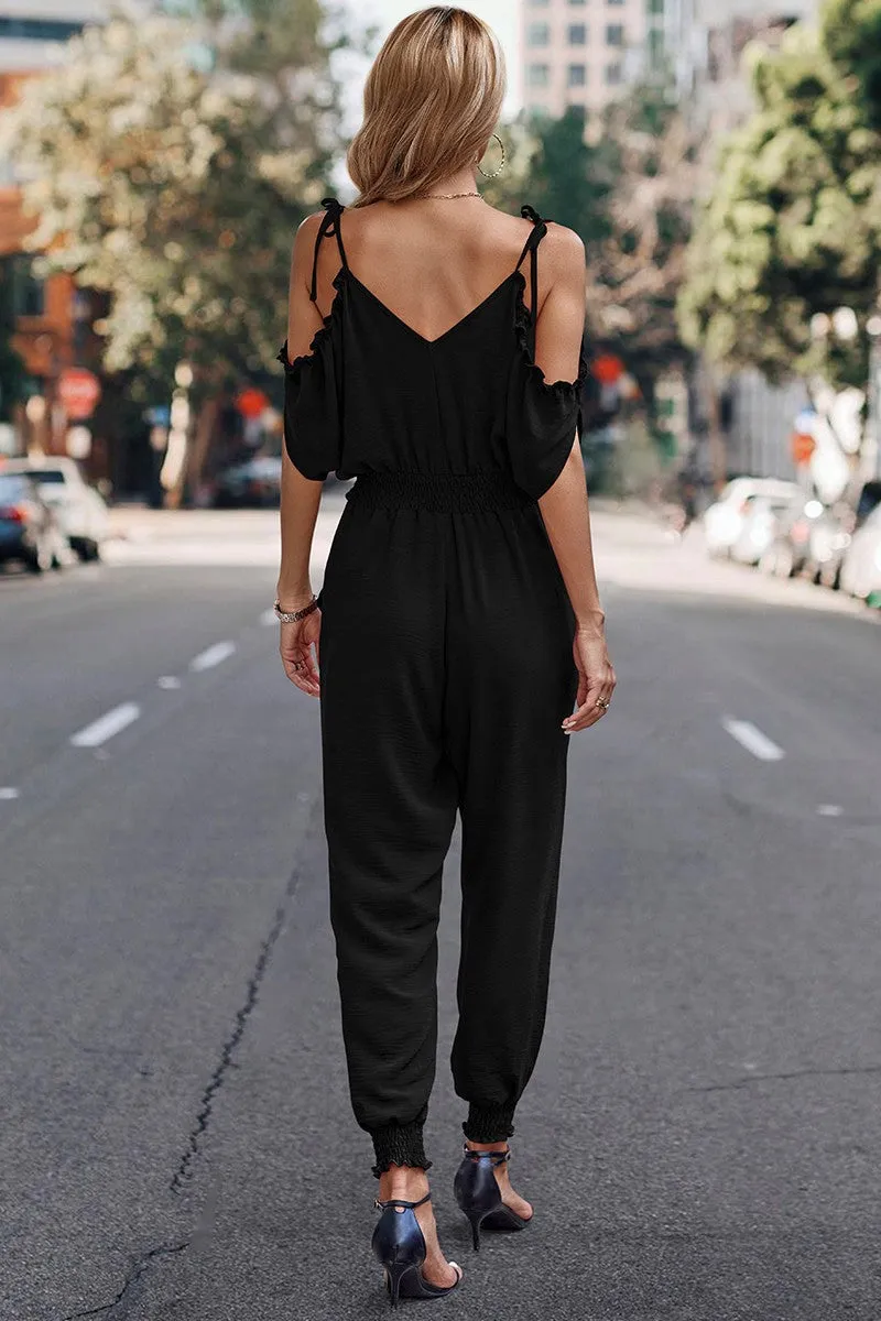 Black Cold Shoulder Wrap Detail Jumpsuit