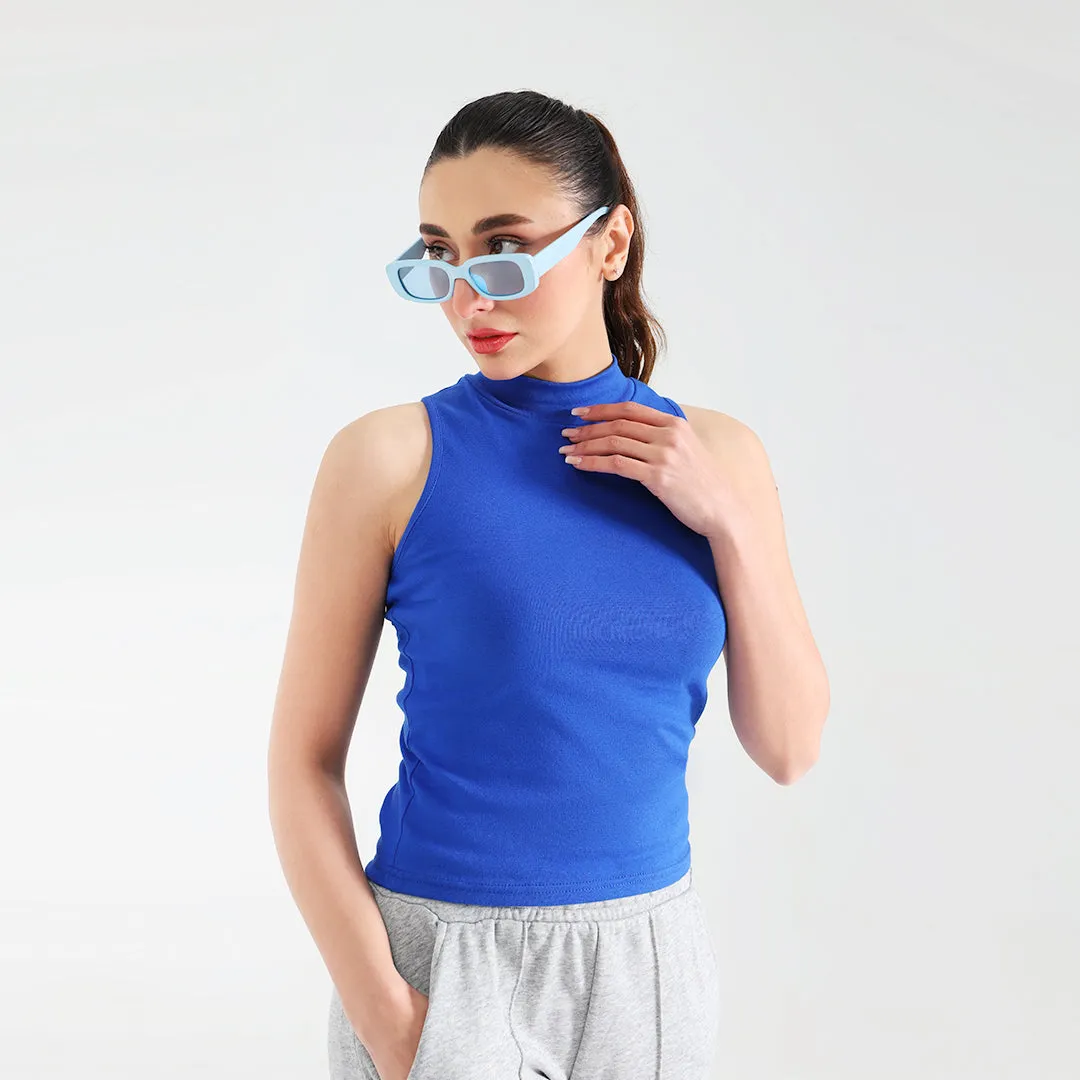 Blue Ribbed Sleeveless Mock Neck Top