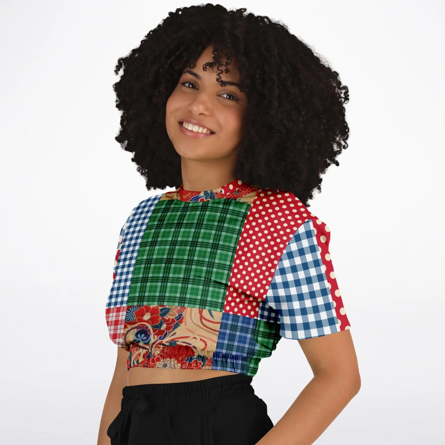 Busan Fleur Plaid Patchwork Short Sleeve Cropped Eco-Poly Sweater