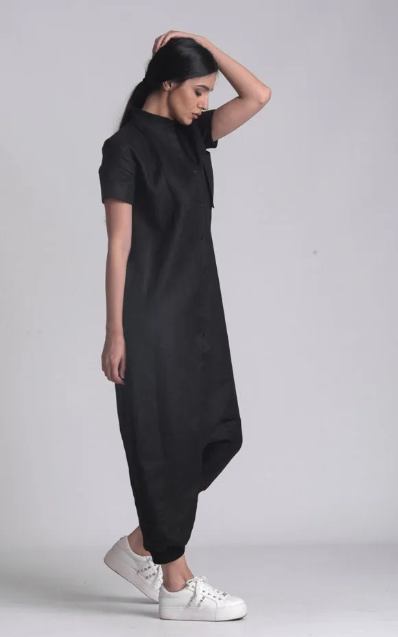 Buttoned Drop-Crotch Linen Jumpsuit In Black