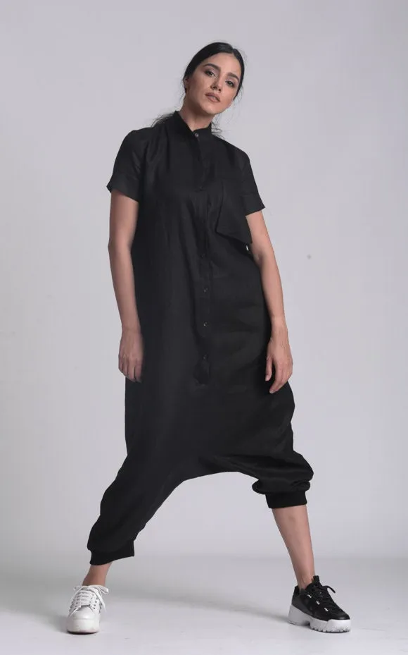 Buttoned Drop-Crotch Linen Jumpsuit In Black