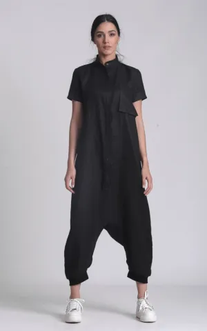 Buttoned Drop-Crotch Linen Jumpsuit In Black