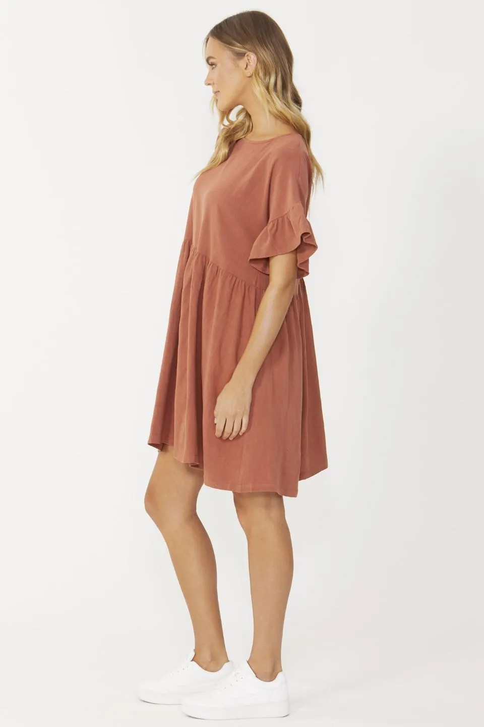 Daphne Clay  Linen SS Ruffle Sleeve Single Tiered Mini Dress