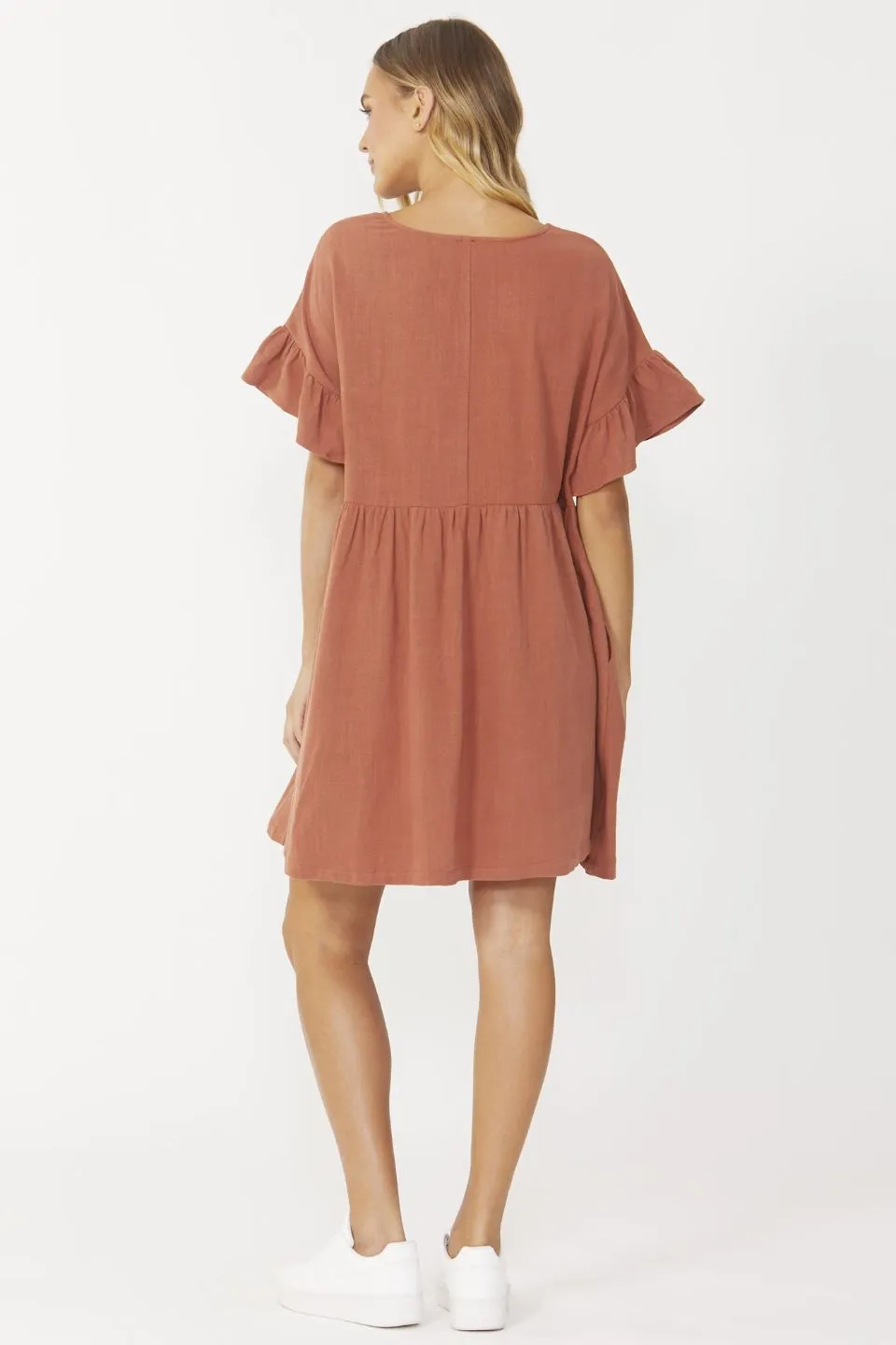 Daphne Clay  Linen SS Ruffle Sleeve Single Tiered Mini Dress