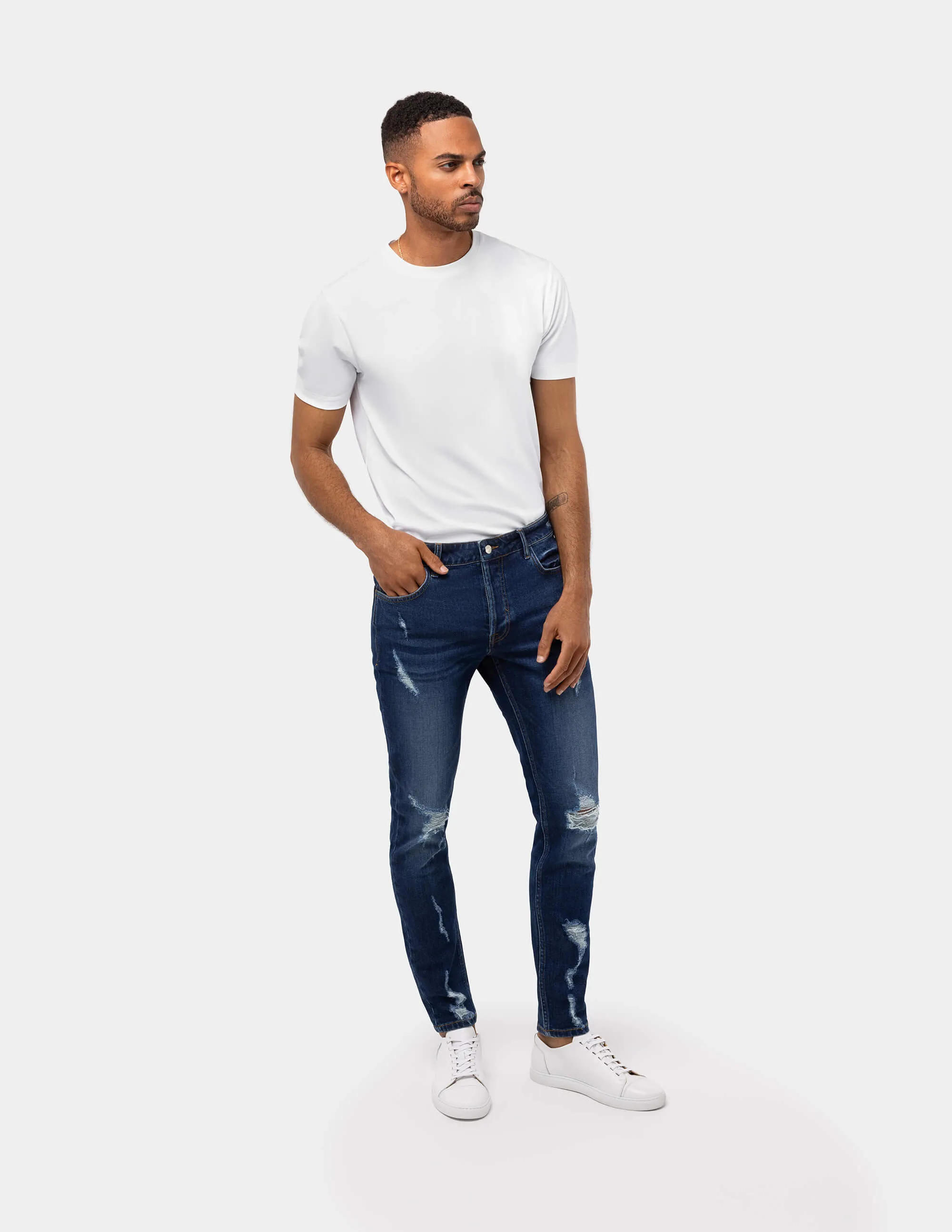 Dark Blue Distressed Slim Fit Jeans