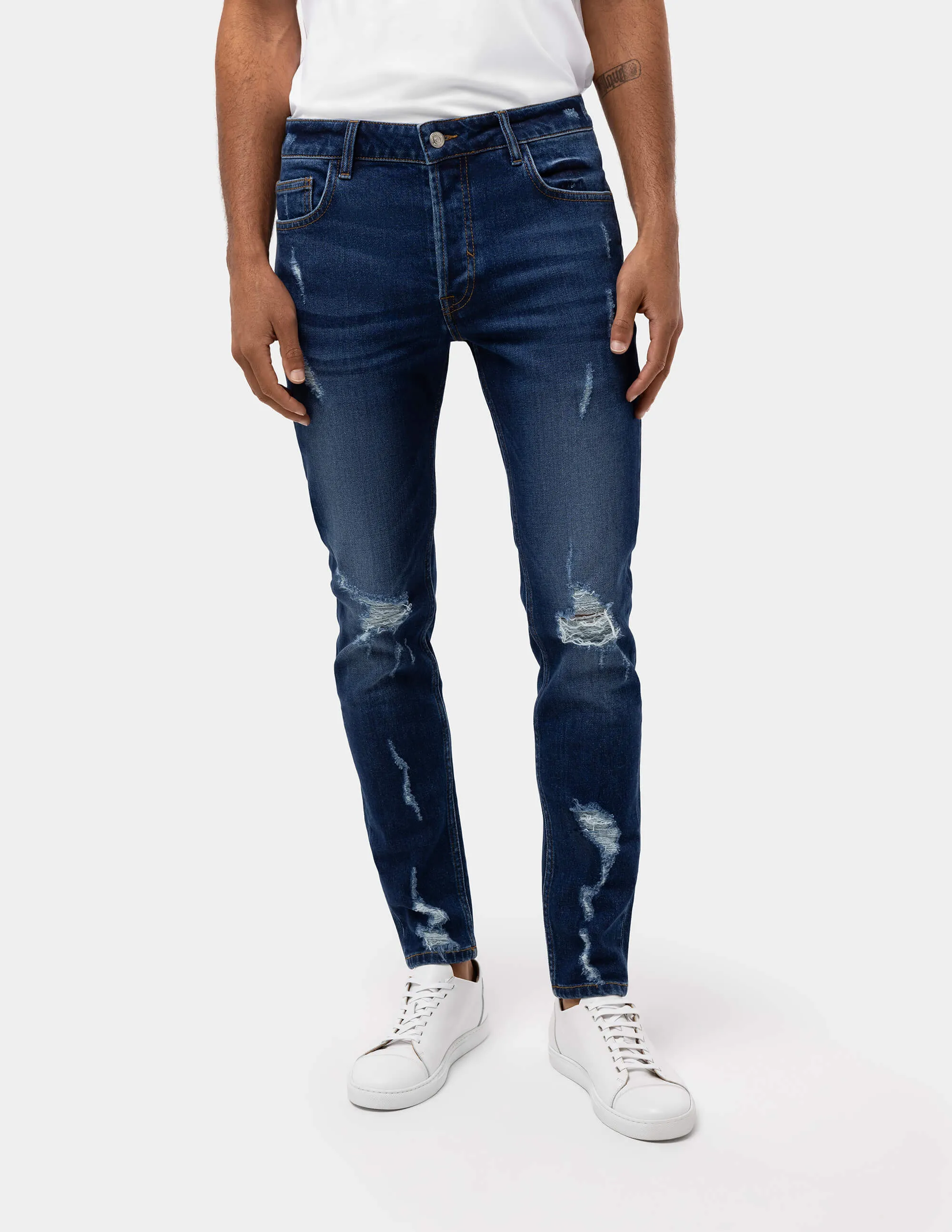 Dark Blue Distressed Slim Fit Jeans