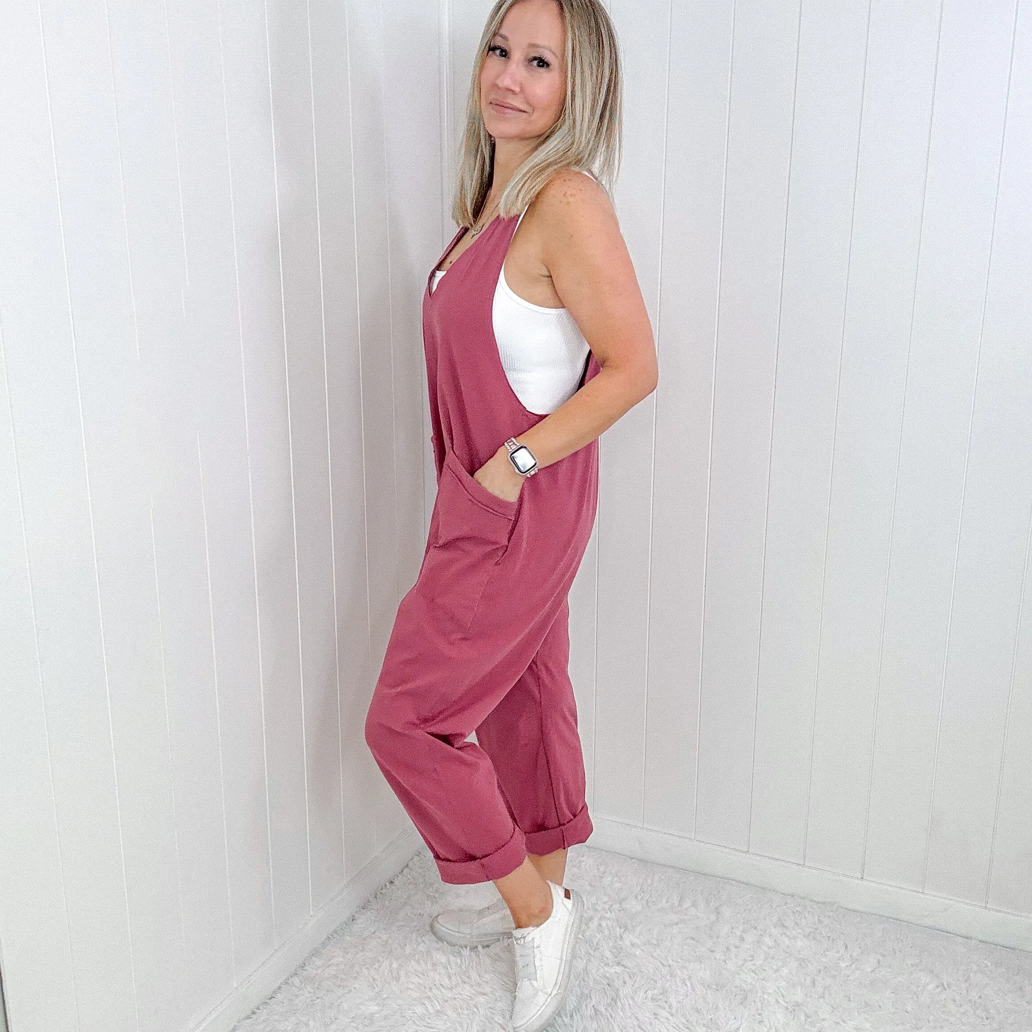 Dark Rose Plunge Sleeveless Jumpsuit with Pockets