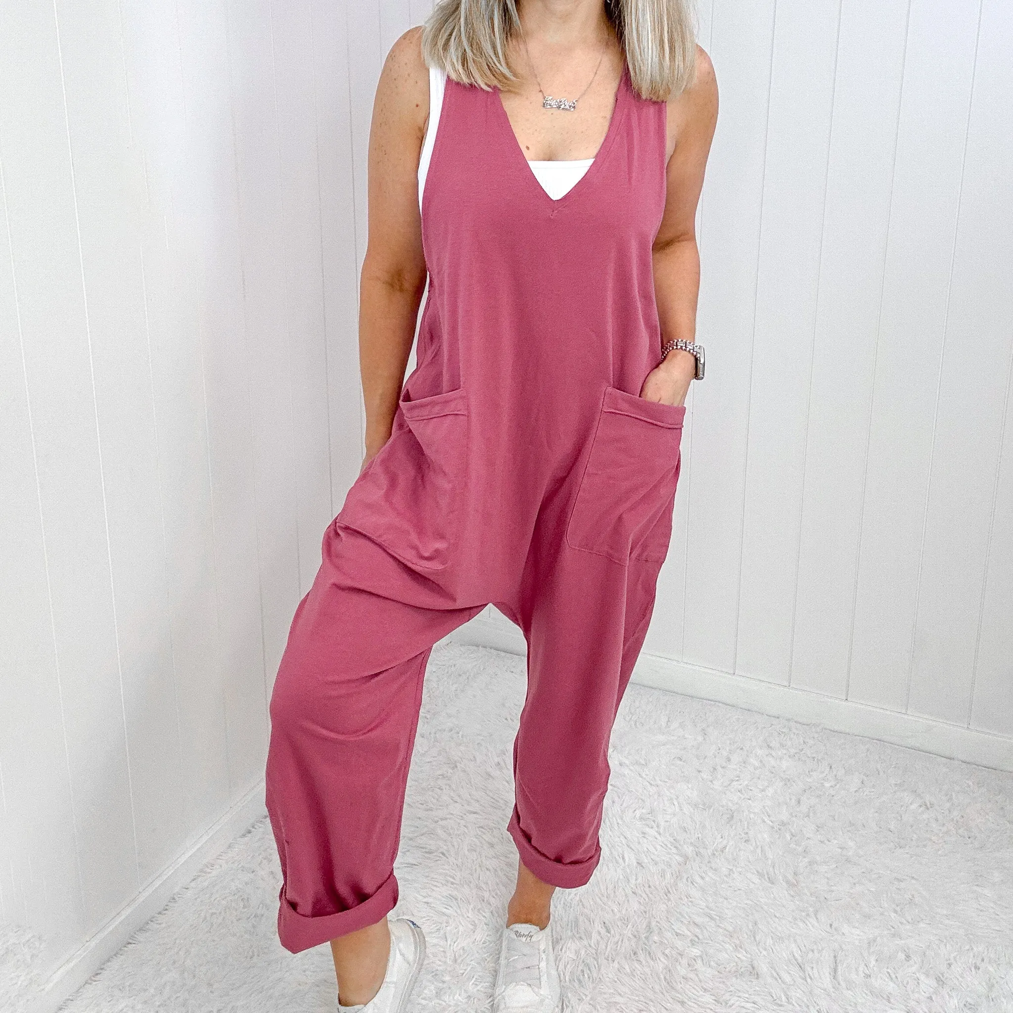 Dark Rose Plunge Sleeveless Jumpsuit with Pockets