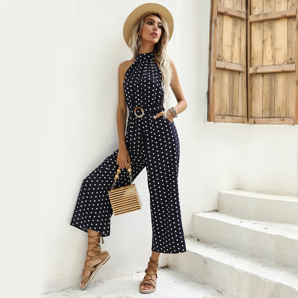 Dot Print Halter Sleeveless Jumpsuit