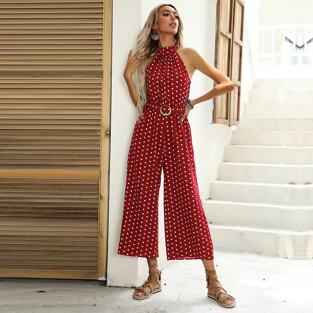 Dot Print Halter Sleeveless Jumpsuit