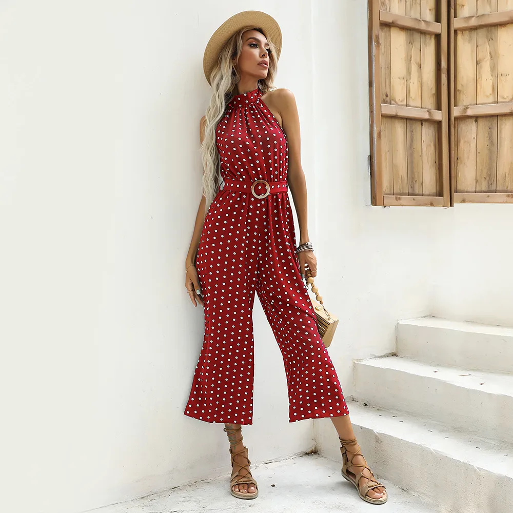 Dot Print Halter Sleeveless Jumpsuit