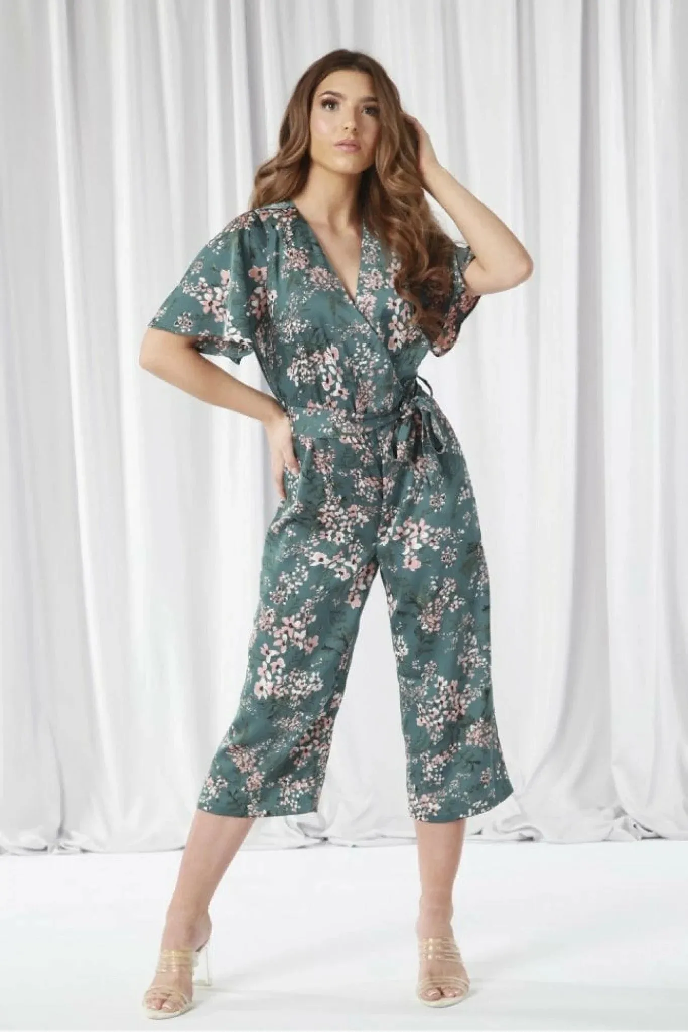 Double Second Printed Wrap Front Satin Jumpsuit