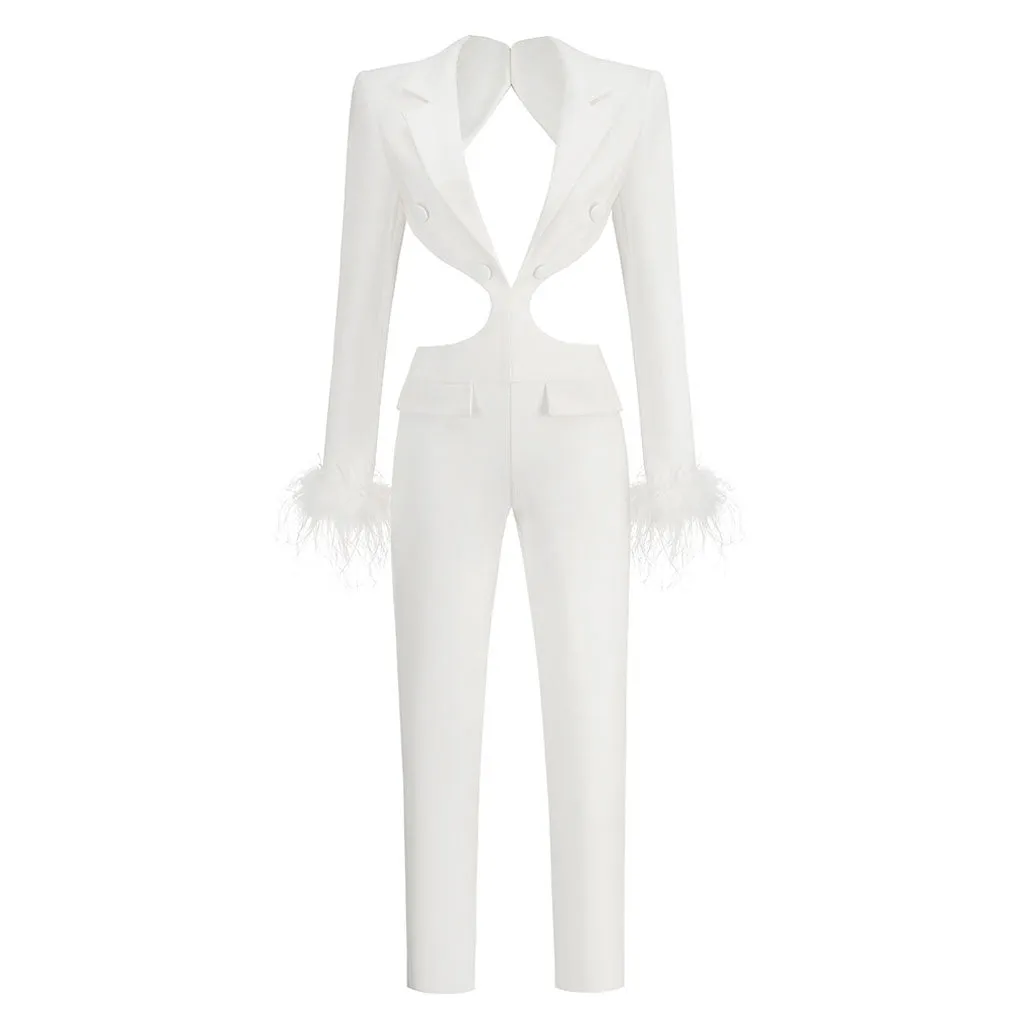 Edge Lapel Collar Cutout Feather Trim Long Sleeve Padded Backless Blazer Jumpsuit