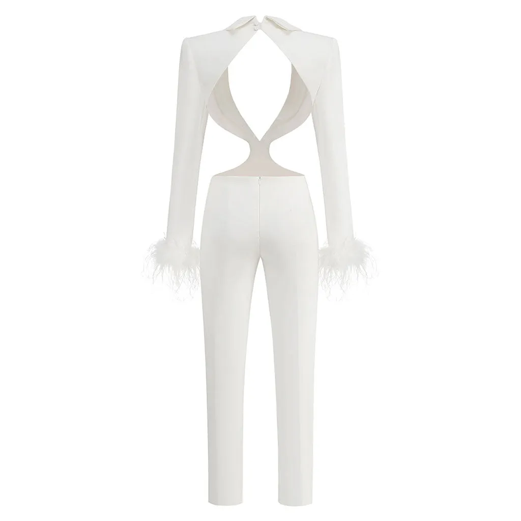 Edge Lapel Collar Cutout Feather Trim Long Sleeve Padded Backless Blazer Jumpsuit