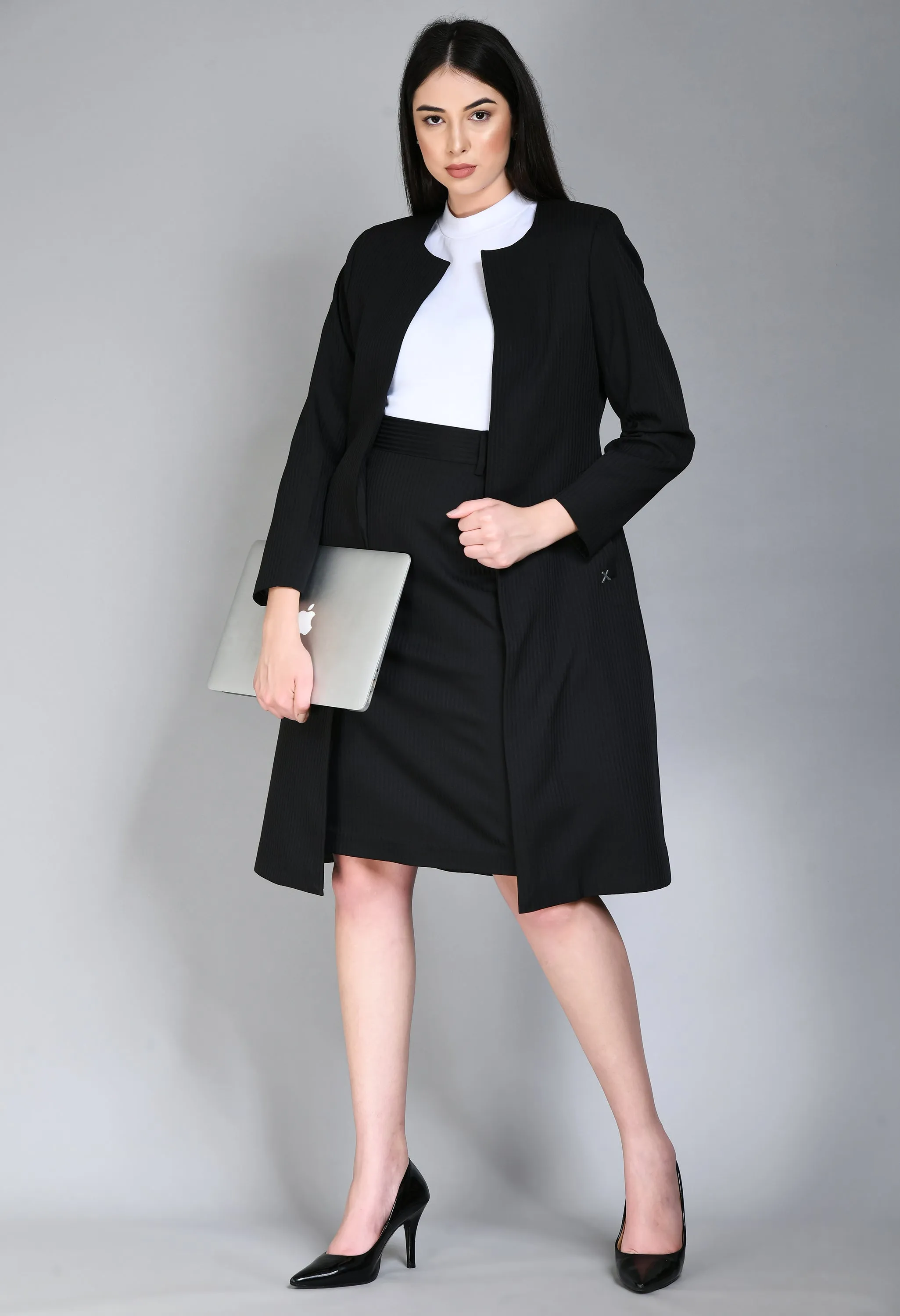 Exude Belief Striped Long Blazer Skirt Suit (Black)