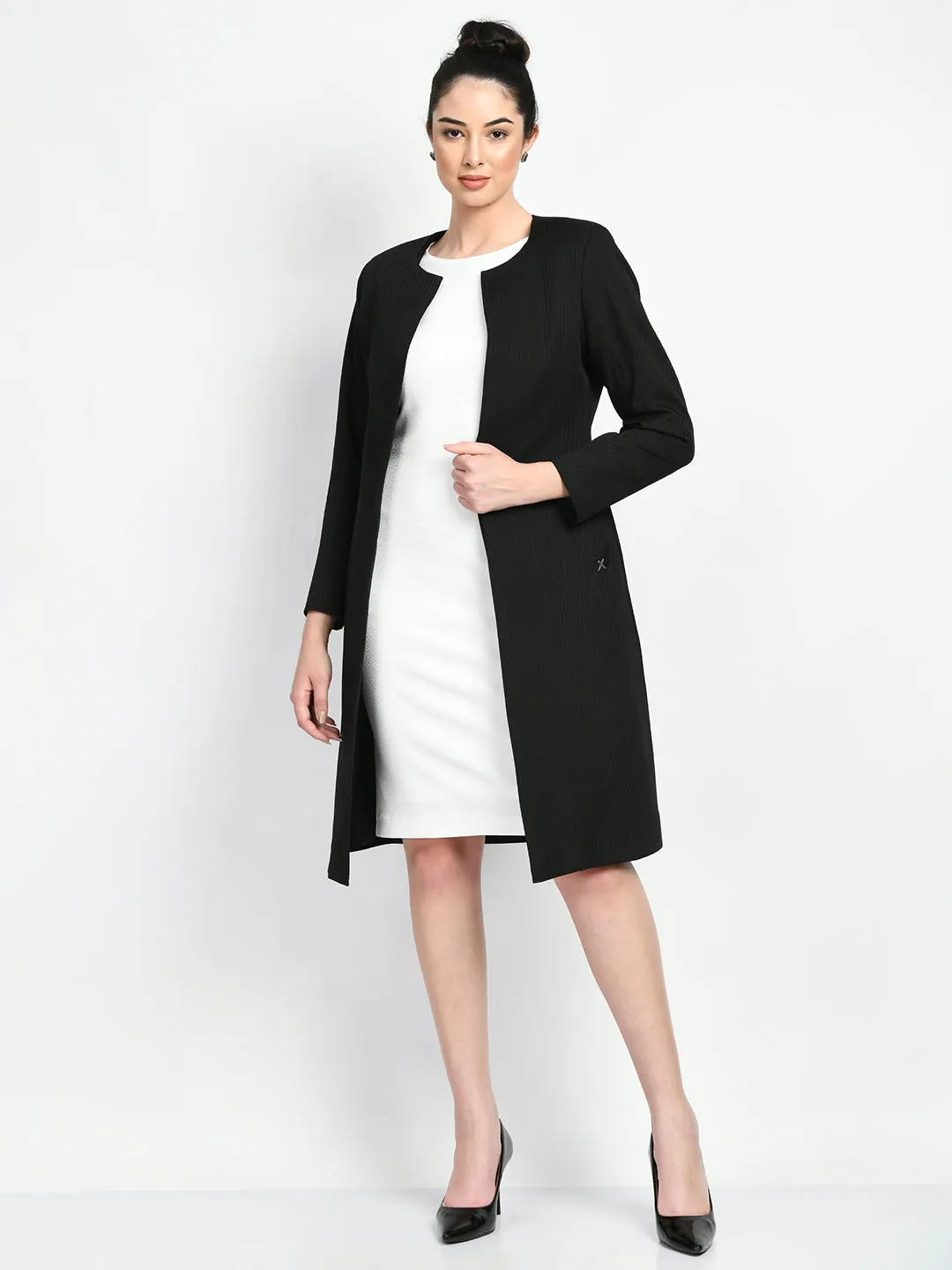 Exude Confidence Striped Long Blazer (Black)