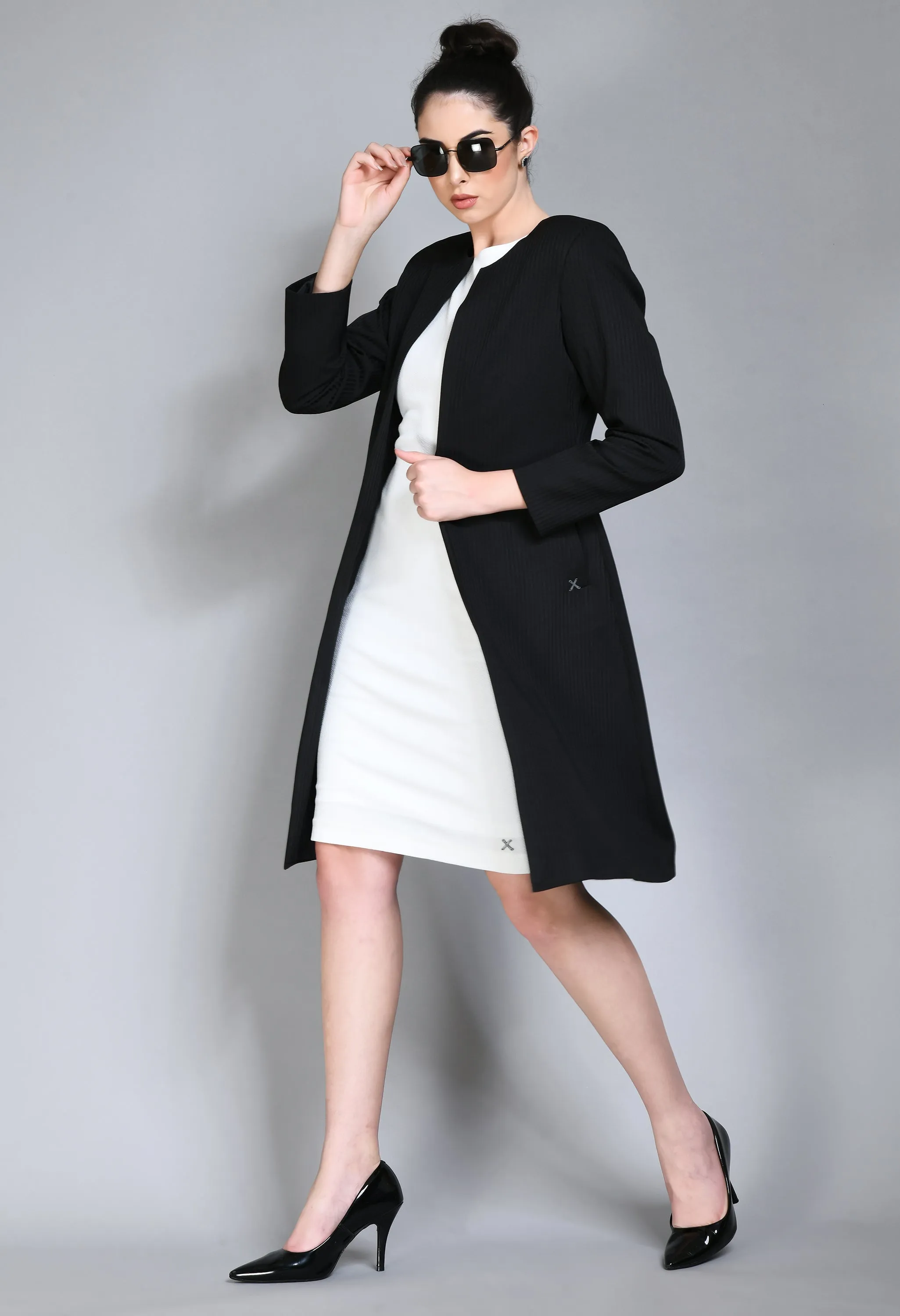 Exude Confidence Striped Long Blazer (Black)