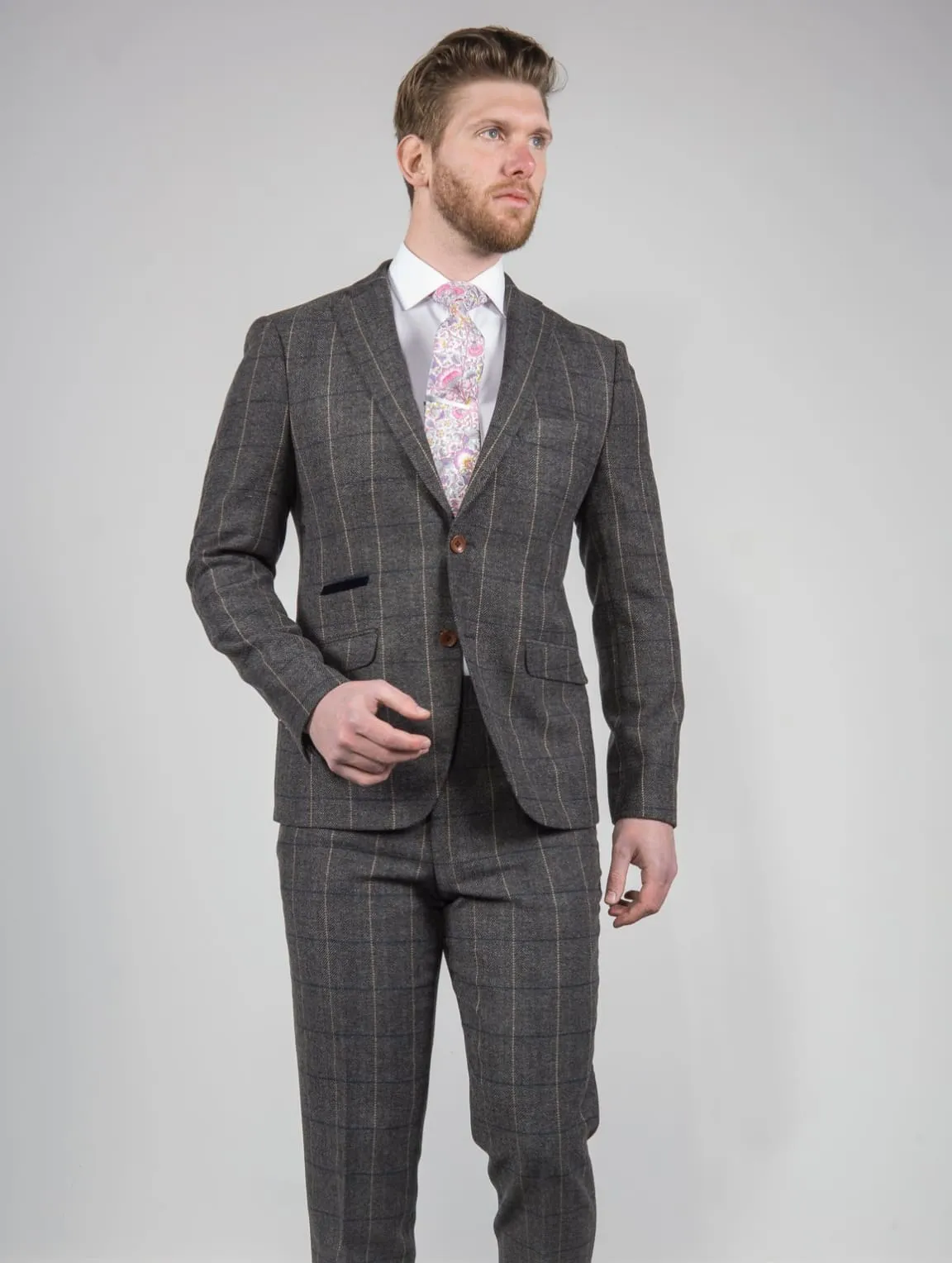 Ezra Men's  Grey Herringbone Slim Fit Tweed Blazer