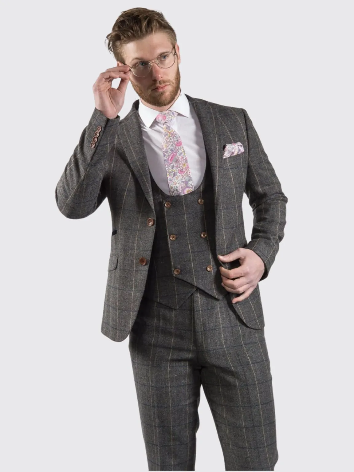 Ezra Men's  Grey Herringbone Slim Fit Tweed Blazer