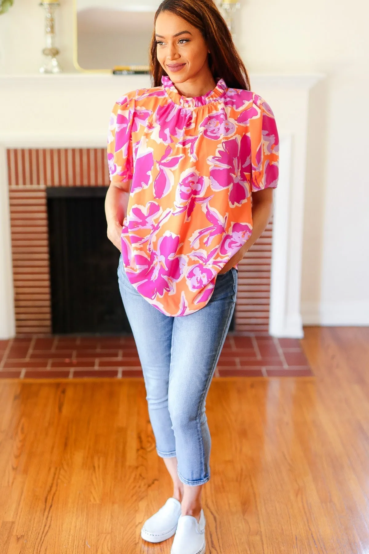 Feel Your Best Fuchsia Orange Floral Print Frill Mock Neck Top (Shipping in 1-2 Weeks)