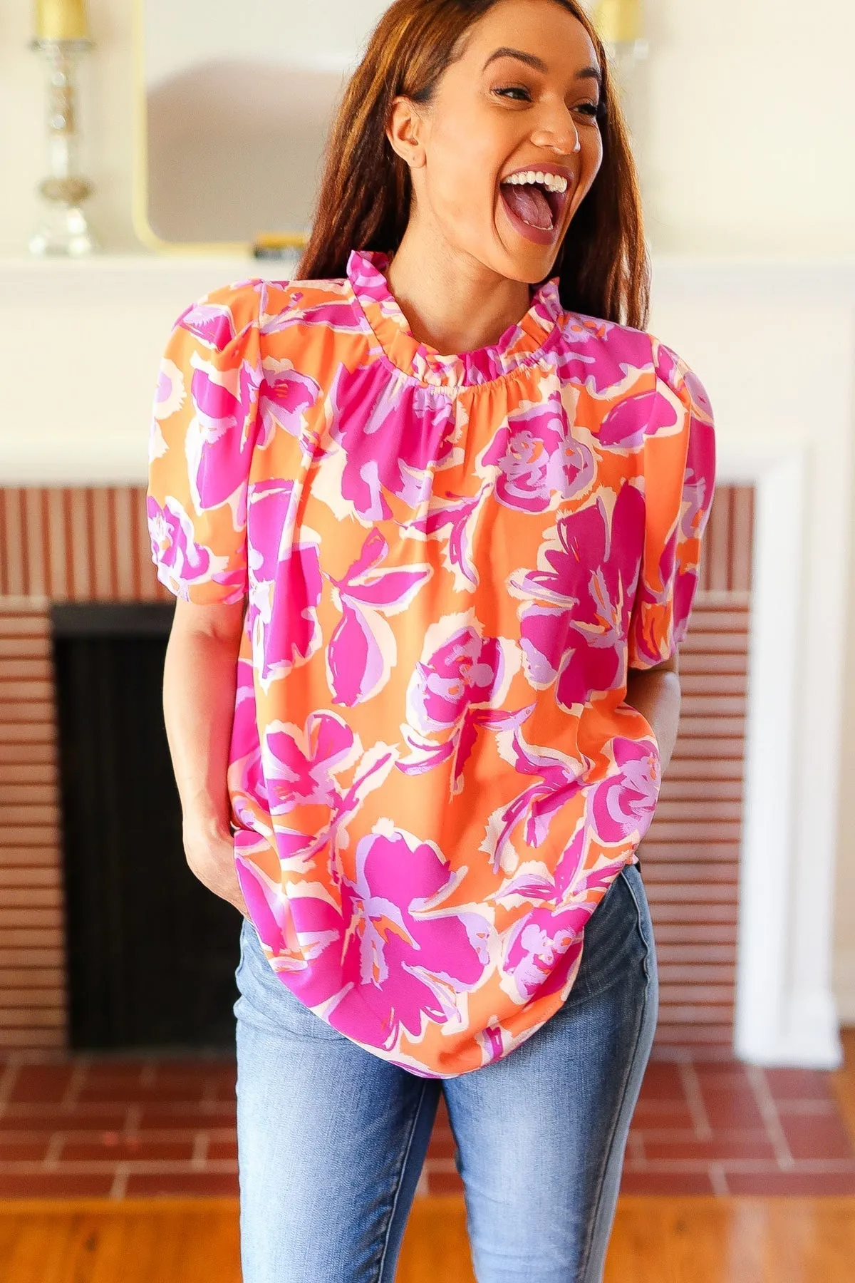 Feel Your Best Fuchsia Orange Floral Print Frill Mock Neck Top (Shipping in 1-2 Weeks)