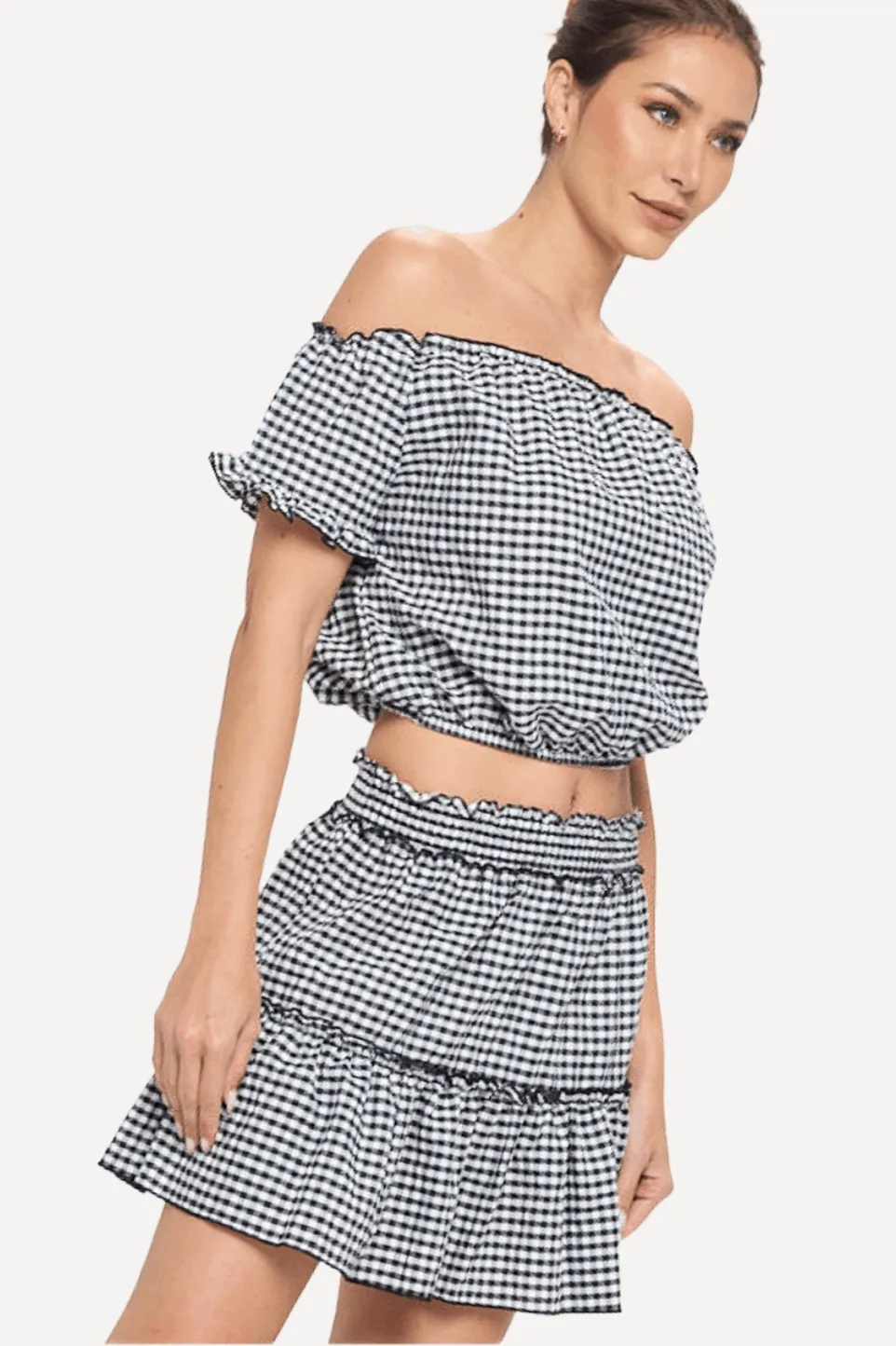 Gingham Off-shoulder Top and Skirt Set