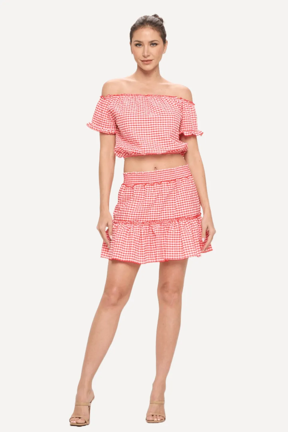 Gingham Off-shoulder Top and Skirt Set