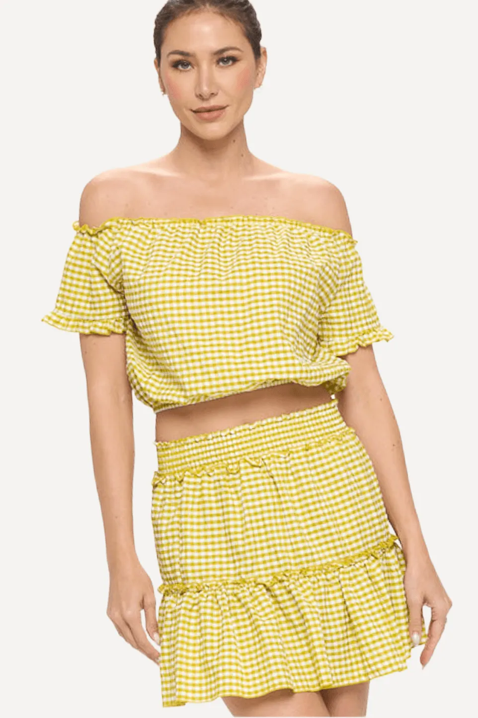 Gingham Off-shoulder Top and Skirt Set