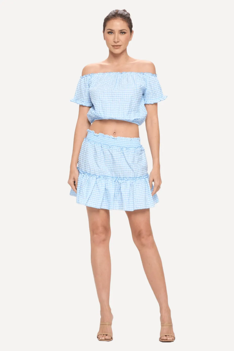 Gingham Off-shoulder Top and Skirt Set