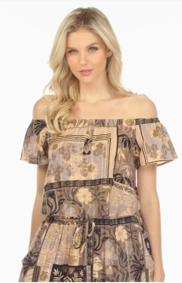 Jr Top - Off Shoulder Patchwork - Charcoal