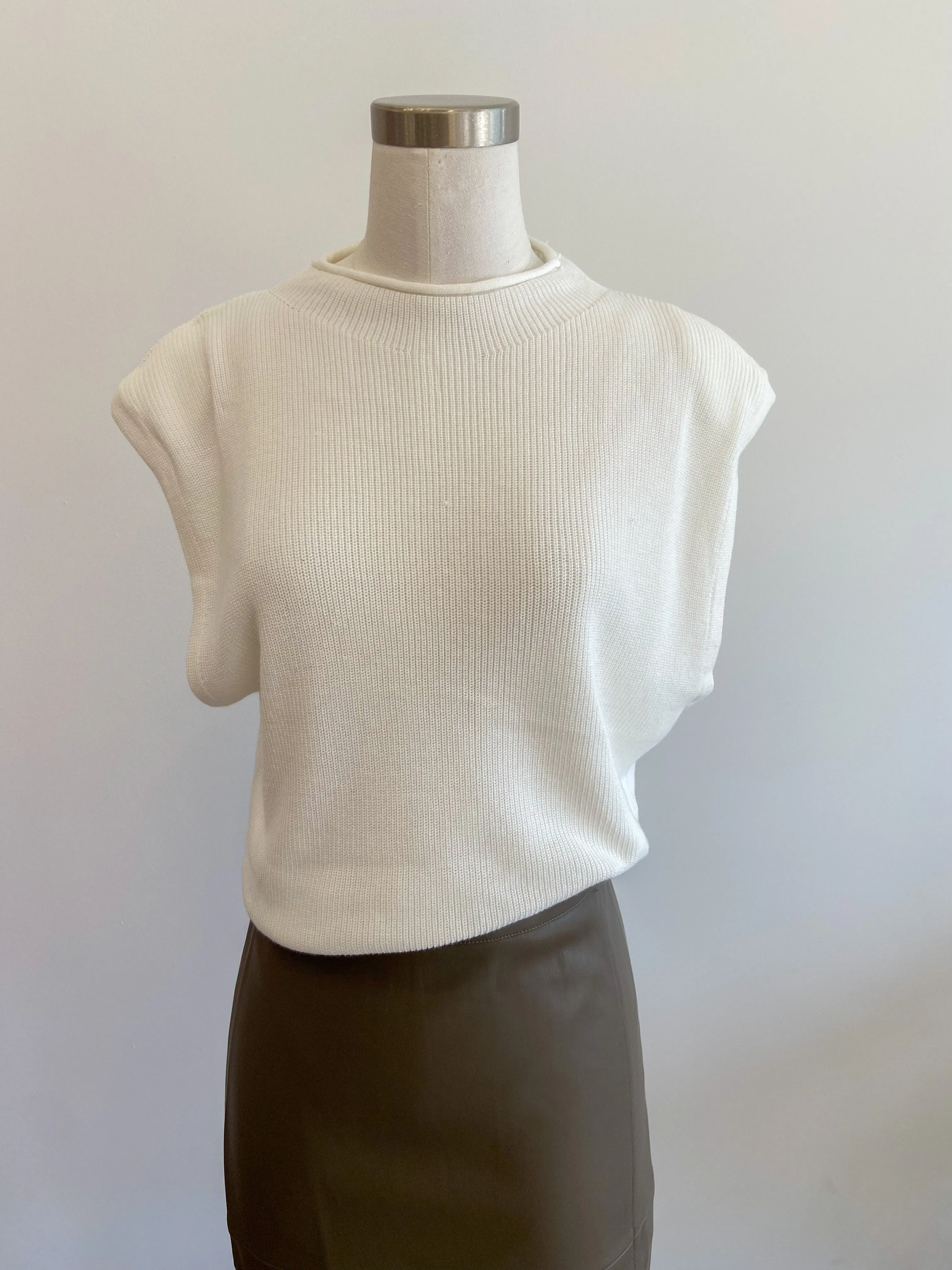 Kade Mock-Neck Power-Shoulder Top in Ivory