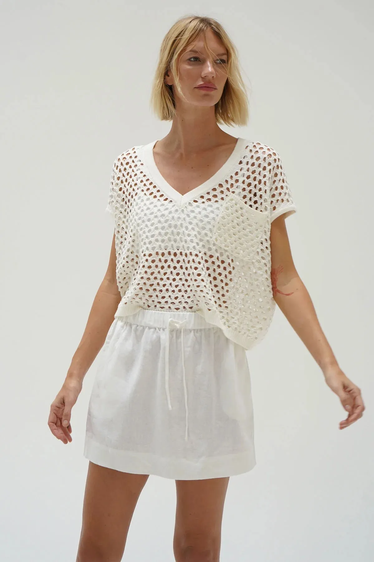 LNA - Isak V Open Knit Top - Ivory