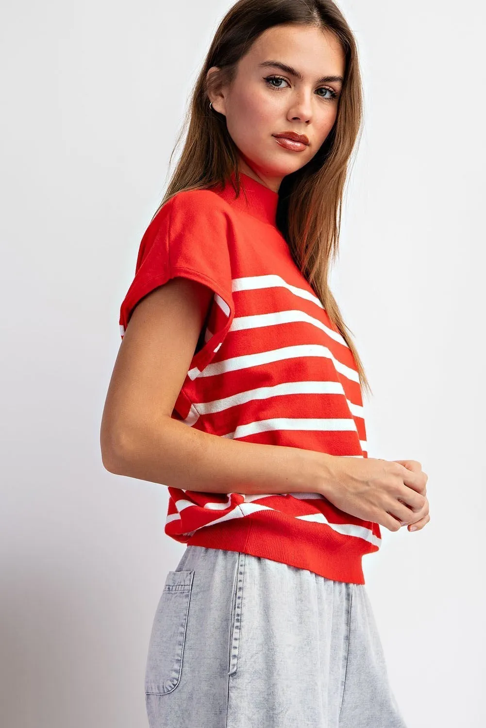 Mock Neck Short Sleeve Striped Top