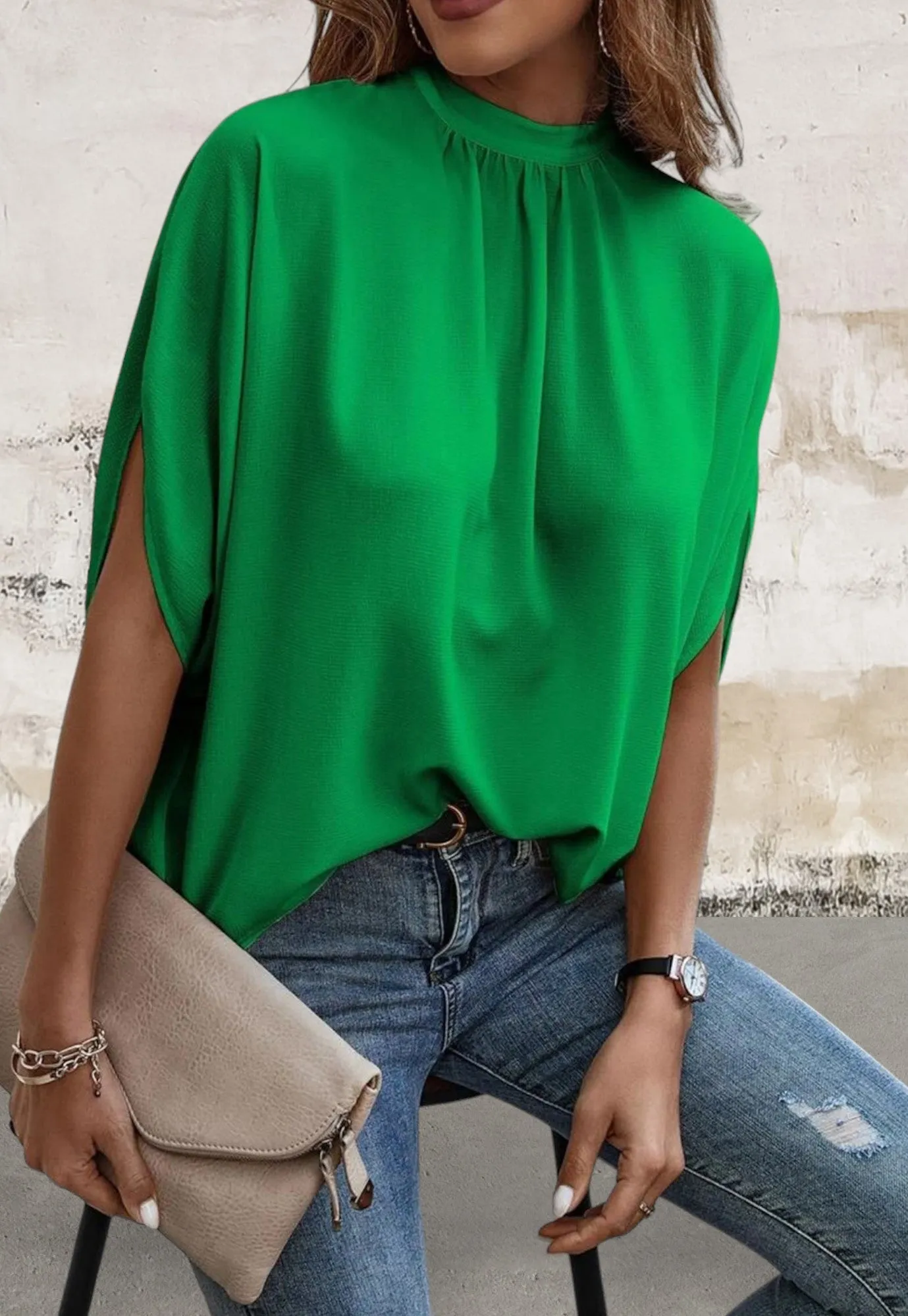 Mock Neck Split Batwing Sleeve Top