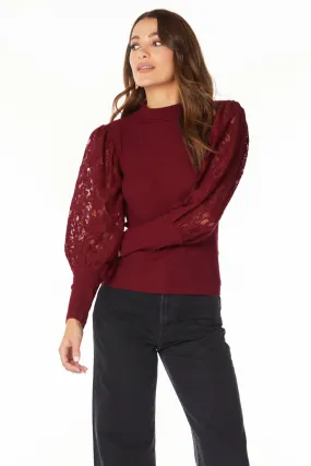 MOCK NECK TOP WITH LACE SLEEVES