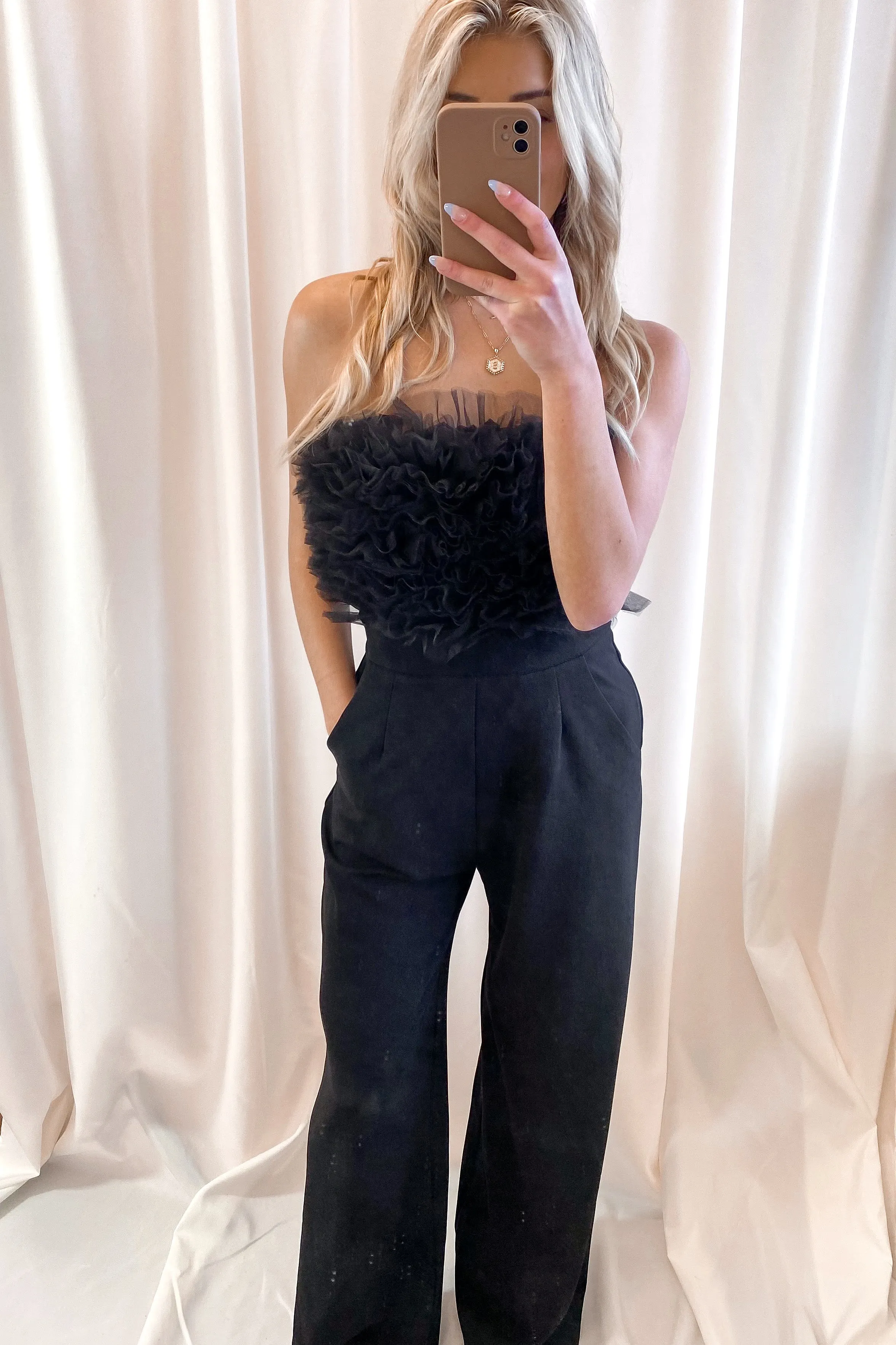 NY Minute Ruffle Top Jumpsuit Black- FINAL SALE