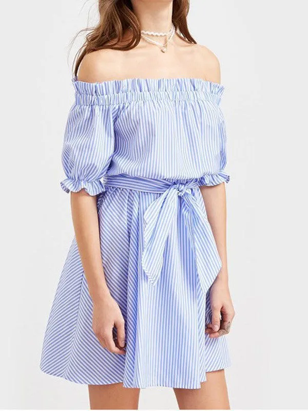 Off-the-Shoulder Half Sleeve Striped Dress