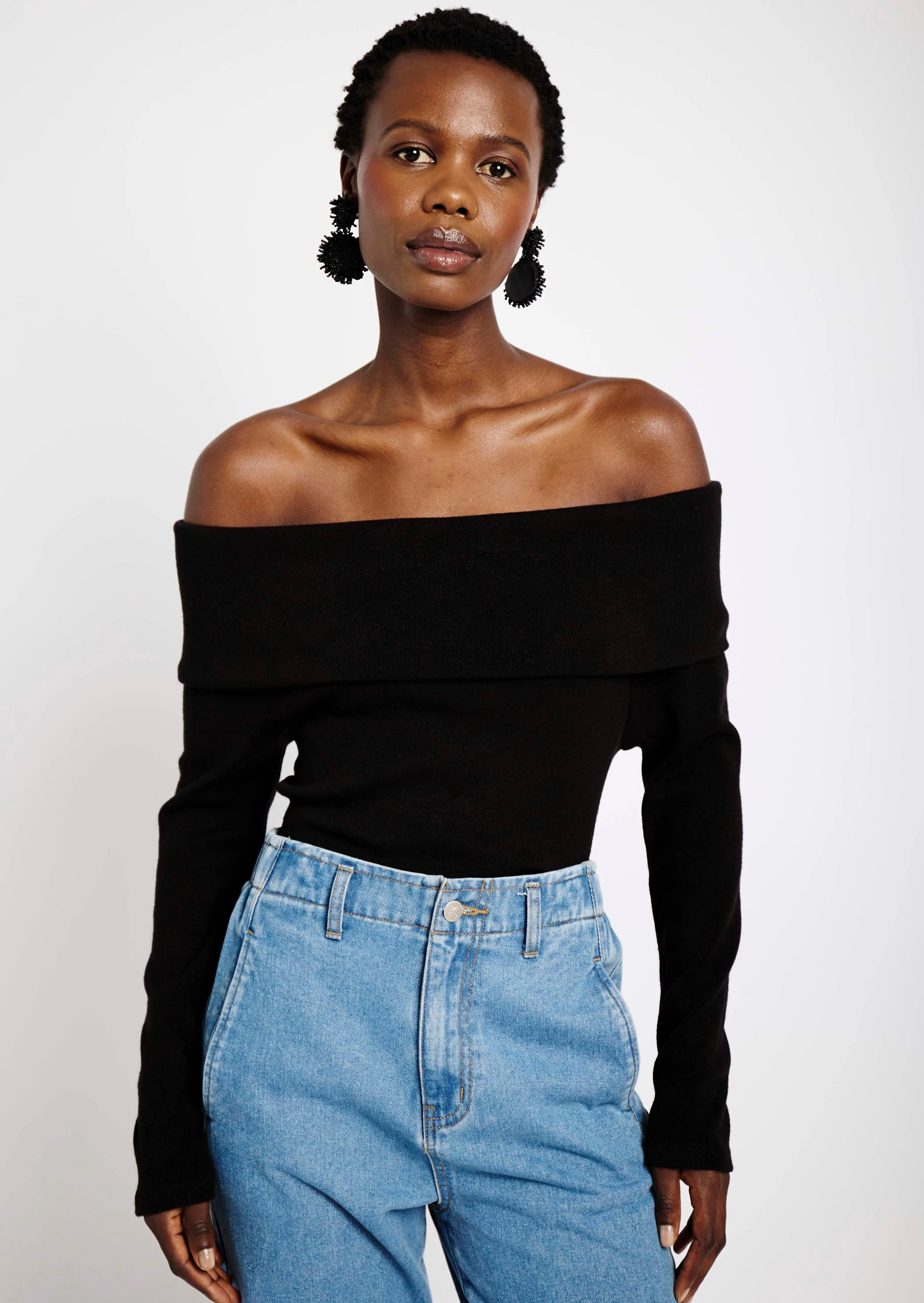 Off the Shoulder Knit Top in Black