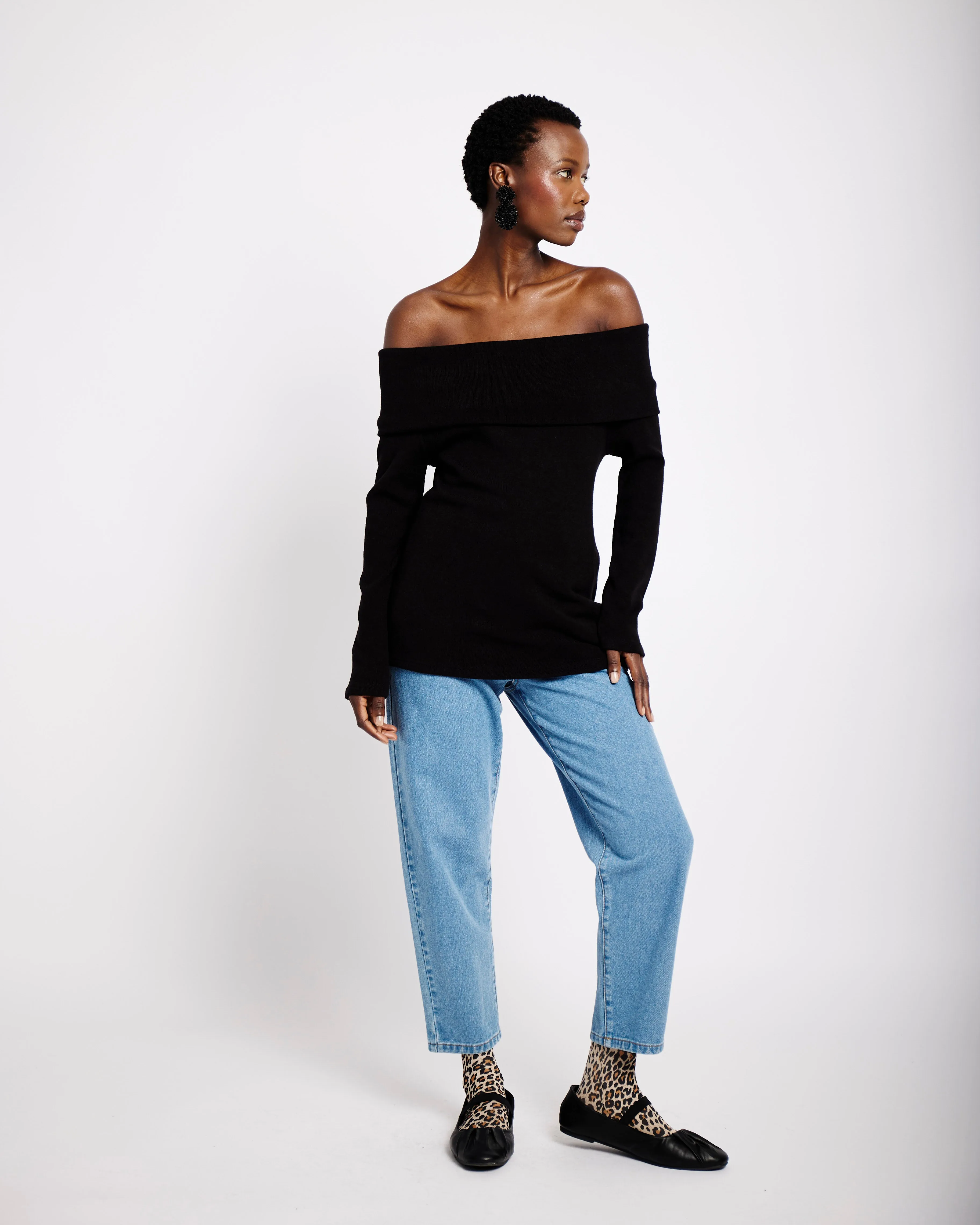 Off the Shoulder Knit Top in Black