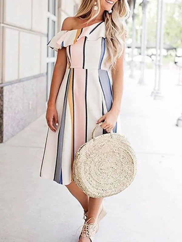 One Shoulder Ruffle Stripe Dress